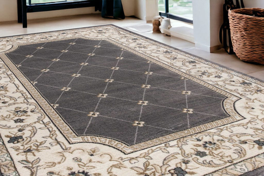 5' X 8' Grey Ivory Bordered Floral Indoor Area Rug - Homeroots