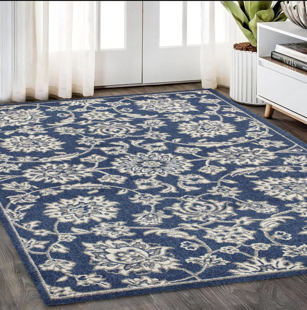 5' X 8' Denim Floral Vines Uv Treated Area Rug - Homeroots