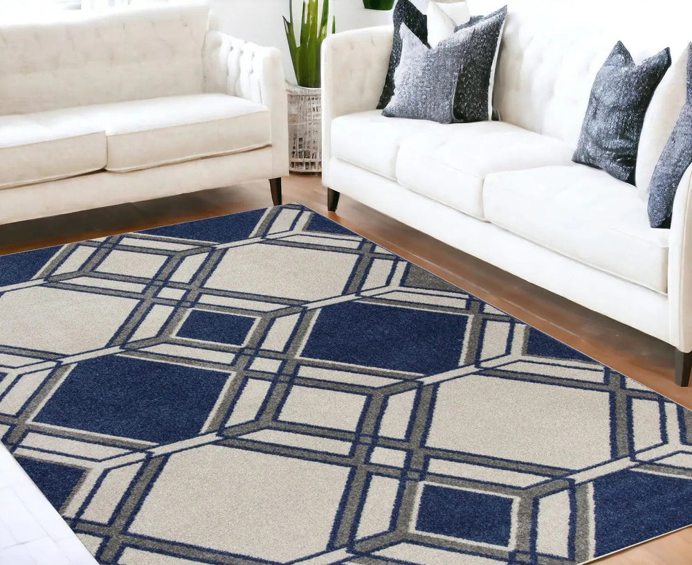 5' X 8' Ivory Or Denim Geometric Diamond Uv Treated Area Rug - Homeroots