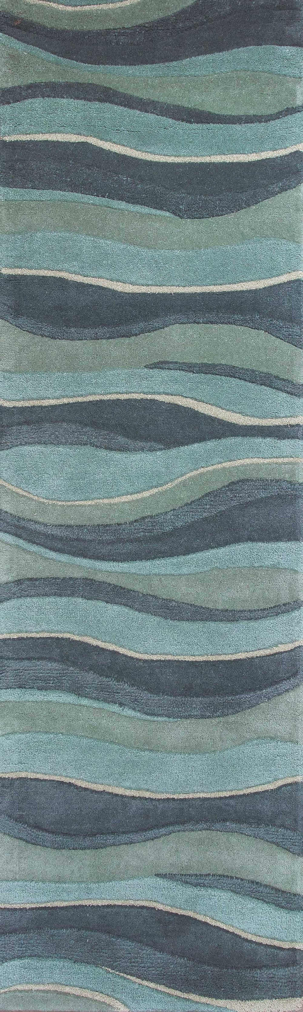 8' Ocean Blue Teal Hand Tufted Abstract Waves Indoor Runner Rug - Homeroots - Flyclothing LLC