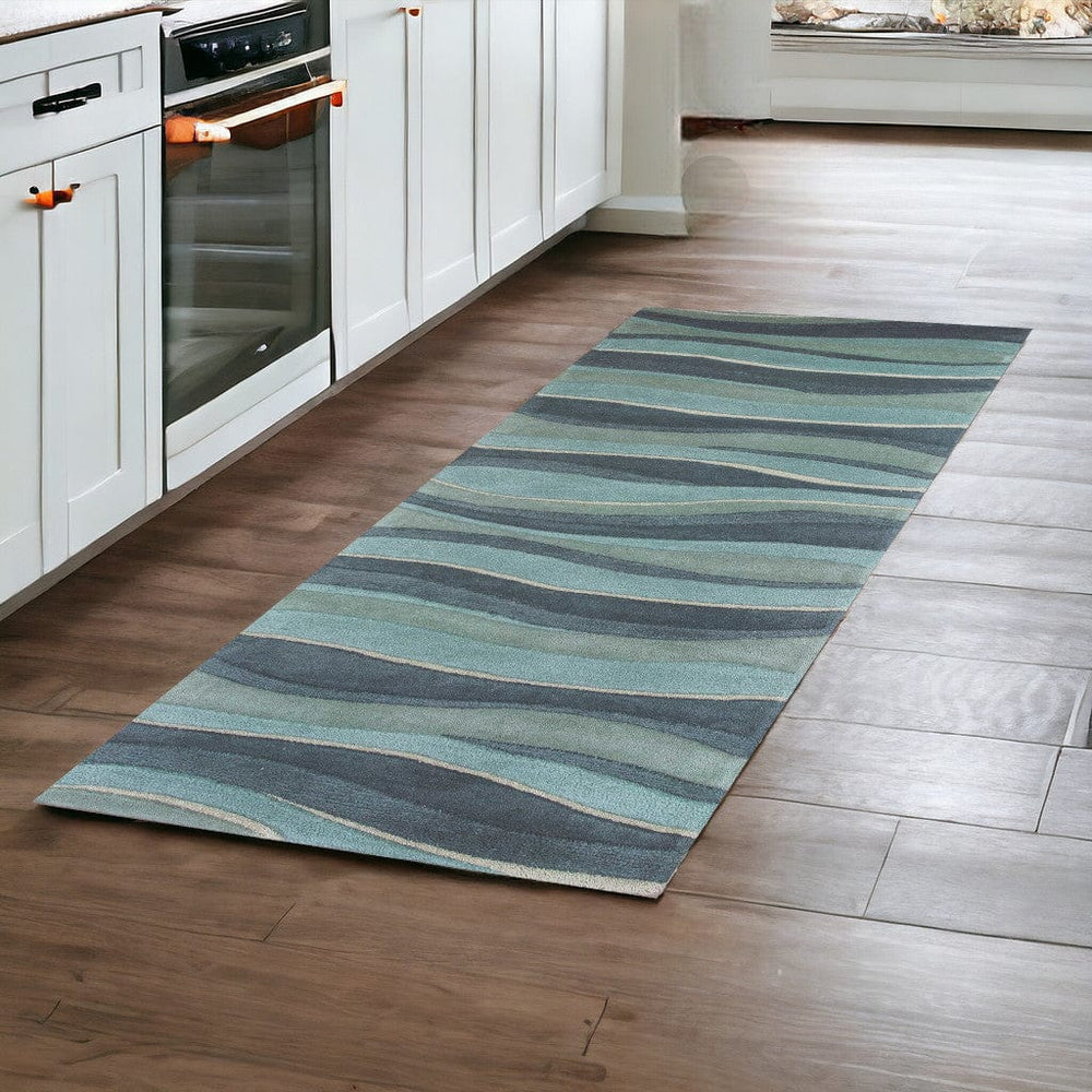 8' Ocean Blue Teal Hand Tufted Abstract Waves Indoor Runner Rug - Homeroots