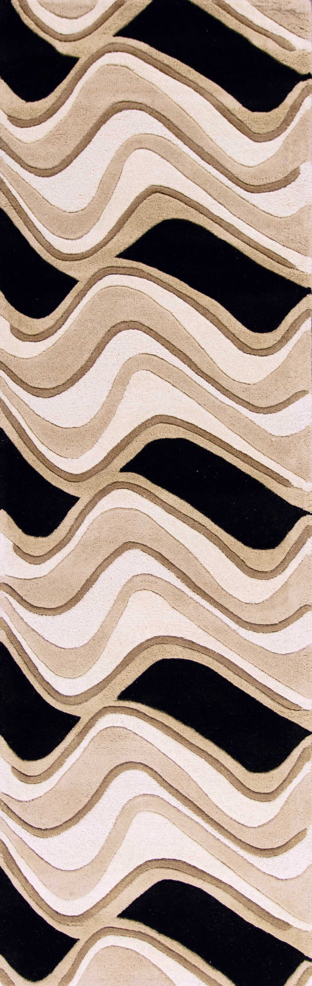2' X 7' Black Or Beige Abstract Waves Wool Runner Rug - Homeroots
