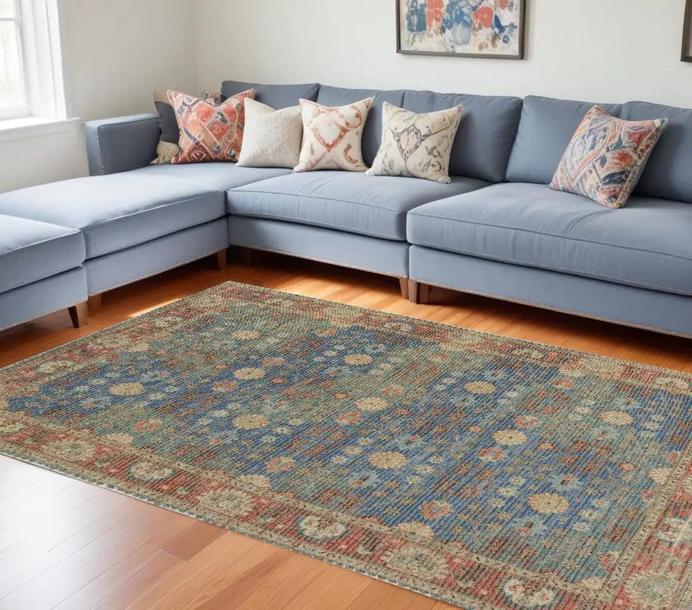 7' X 9' Blue and Red Floral Medallion Hand Woven Area Rug - Homeroots