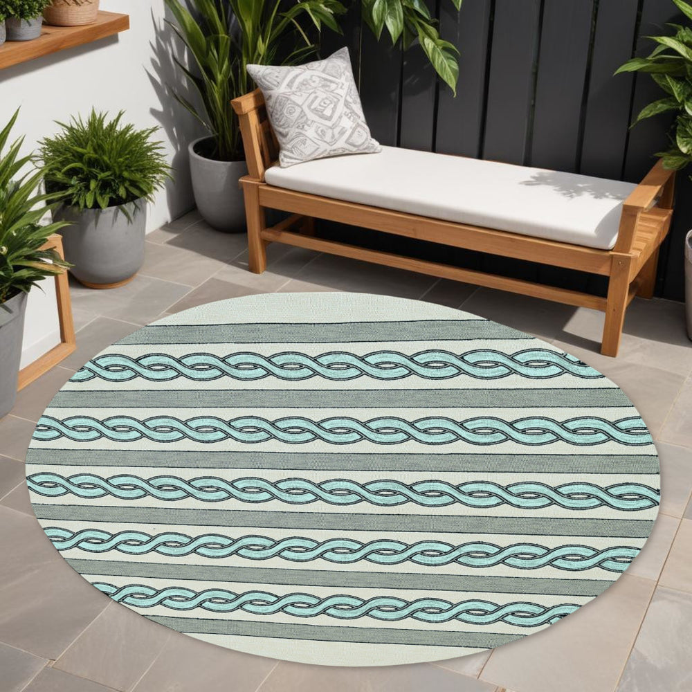 7' Round Ivory and Blue Round Abstract Indoor Outdoor Area Rug - Homeroots