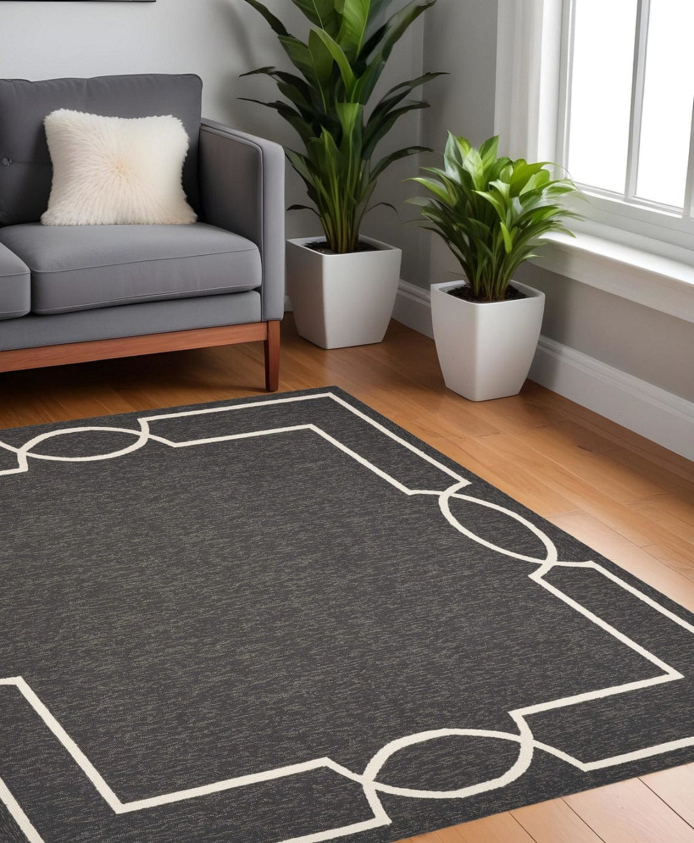 7' X 7' Black Geometric Hand Hooked Area Rug - Homeroots