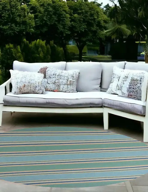 8' Round Blue Round Striped Handmade Indoor Outdoor Area Rug - Homeroots - Flyclothing LLC