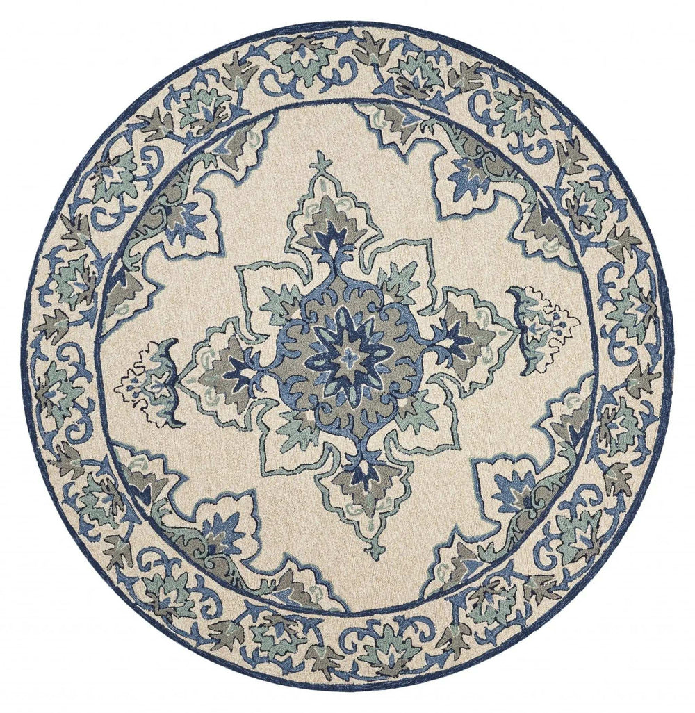 8' Round Gray and Ivory Round Damask Handmade Indoor Outdoor Area Rug - Homeroots - Flyclothing LLC