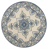 8' Round Gray and Ivory Round Damask Handmade Indoor Outdoor Area Rug - Homeroots