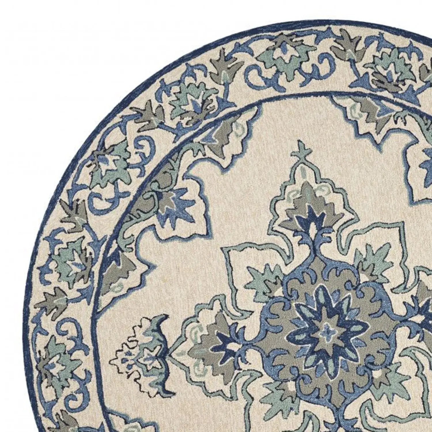 8' Round Gray and Ivory Round Damask Handmade Indoor Outdoor Area Rug - Homeroots - Flyclothing LLC