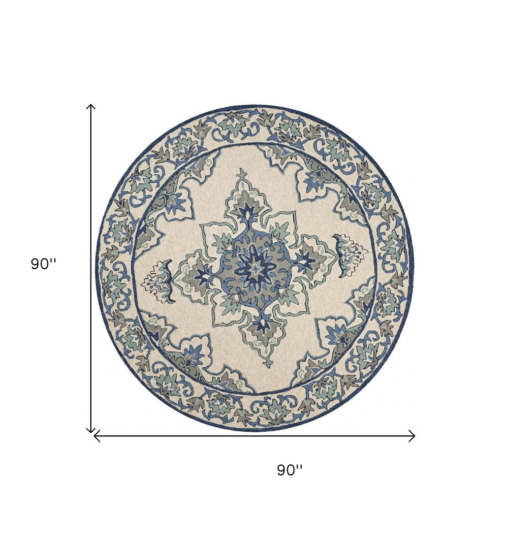 8' Round Gray and Ivory Round Damask Handmade Indoor Outdoor Area Rug - Homeroots - Flyclothing LLC