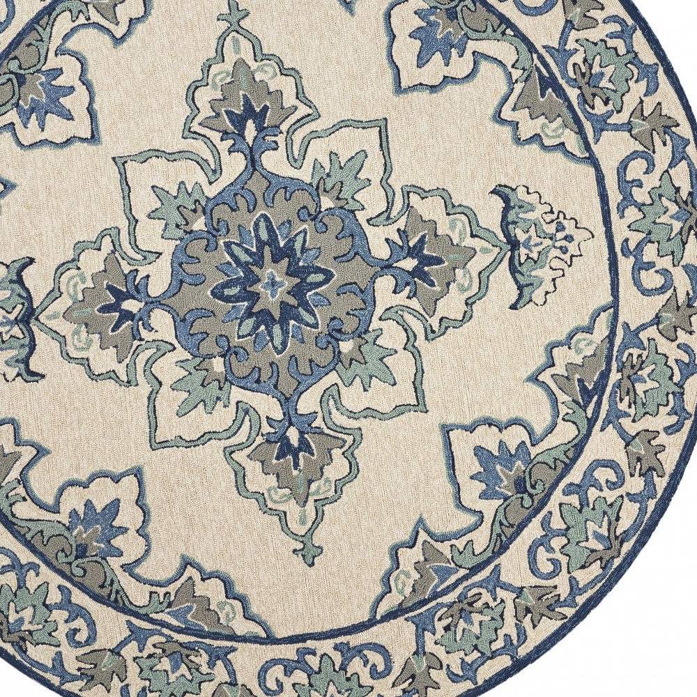 8' Round Gray and Ivory Round Damask Handmade Indoor Outdoor Area Rug - Homeroots - Flyclothing LLC