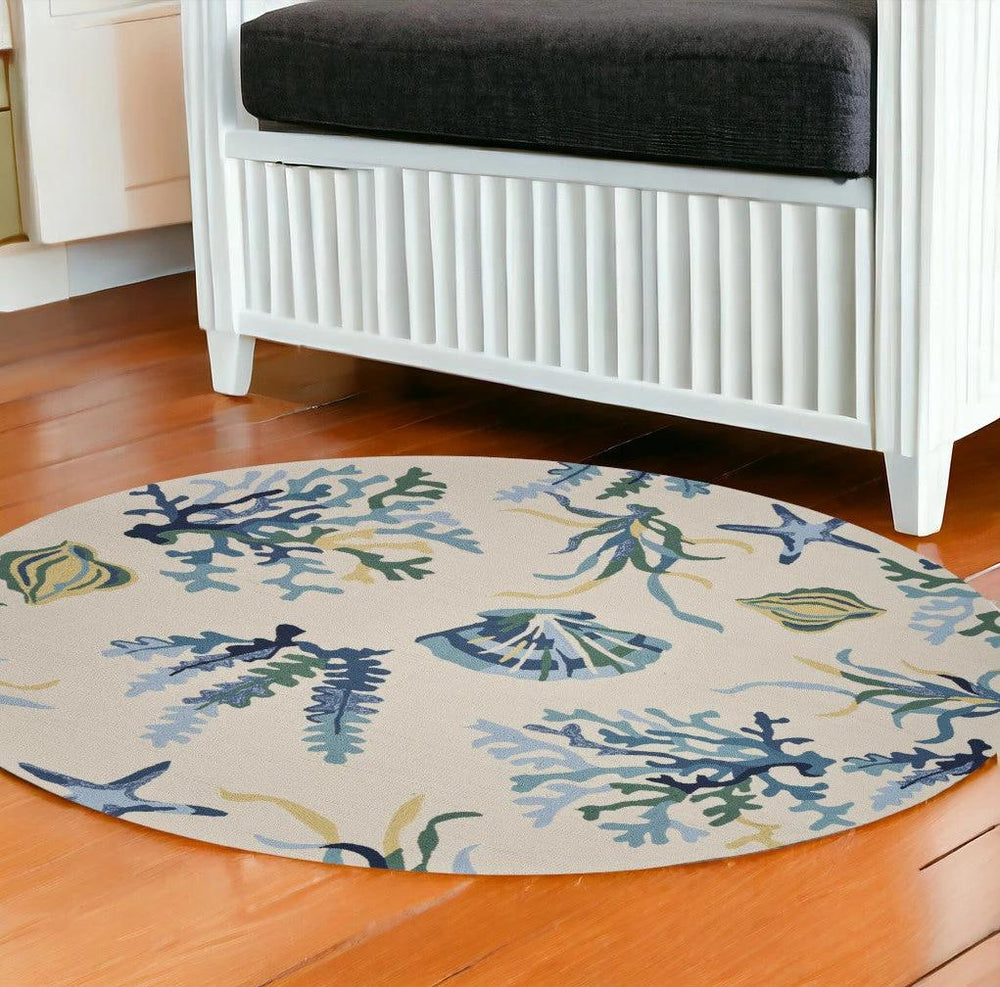 7' Round Uv Treated Polypropylene Ivory Or Blue Area Rug - Homeroots