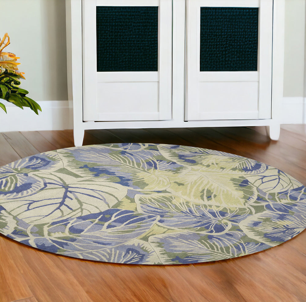 6' Blue Green Hand Tufted Tropical Leaves Round Indoor Area Rug - Homeroots