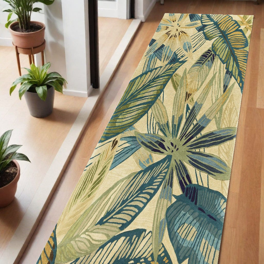 5' Ivory And Teal Wool Handmade Area Rug - Homeroots
