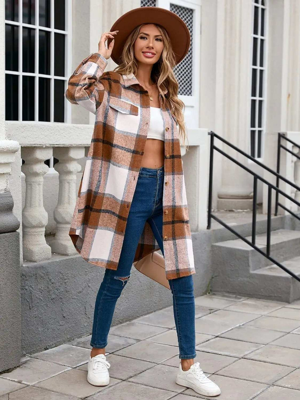Plaid Button Up Long Sleeve Longline Outerwear - Trendsi - Flyclothing LLC