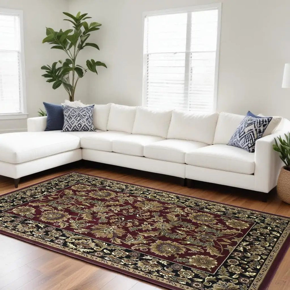 8' X 11' Red Black Machine Woven Floral Traditional Indoor Area Rug - Homeroots