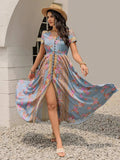 Smocked Floral V-Neck Short Sleeve Midi Dress - Trendsi - Flyclothing LLC