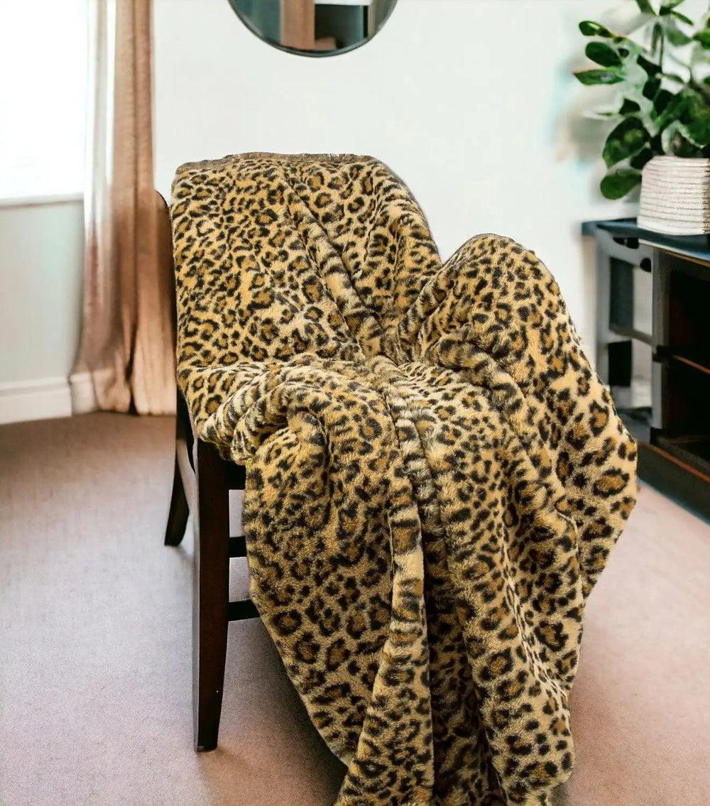 50" X 70" Brown and Black Faux Fur Leopard Plush Throw Blanket - Homeroots