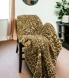50" X 70" Brown and Black Faux Fur Leopard Plush Throw Blanket - Homeroots