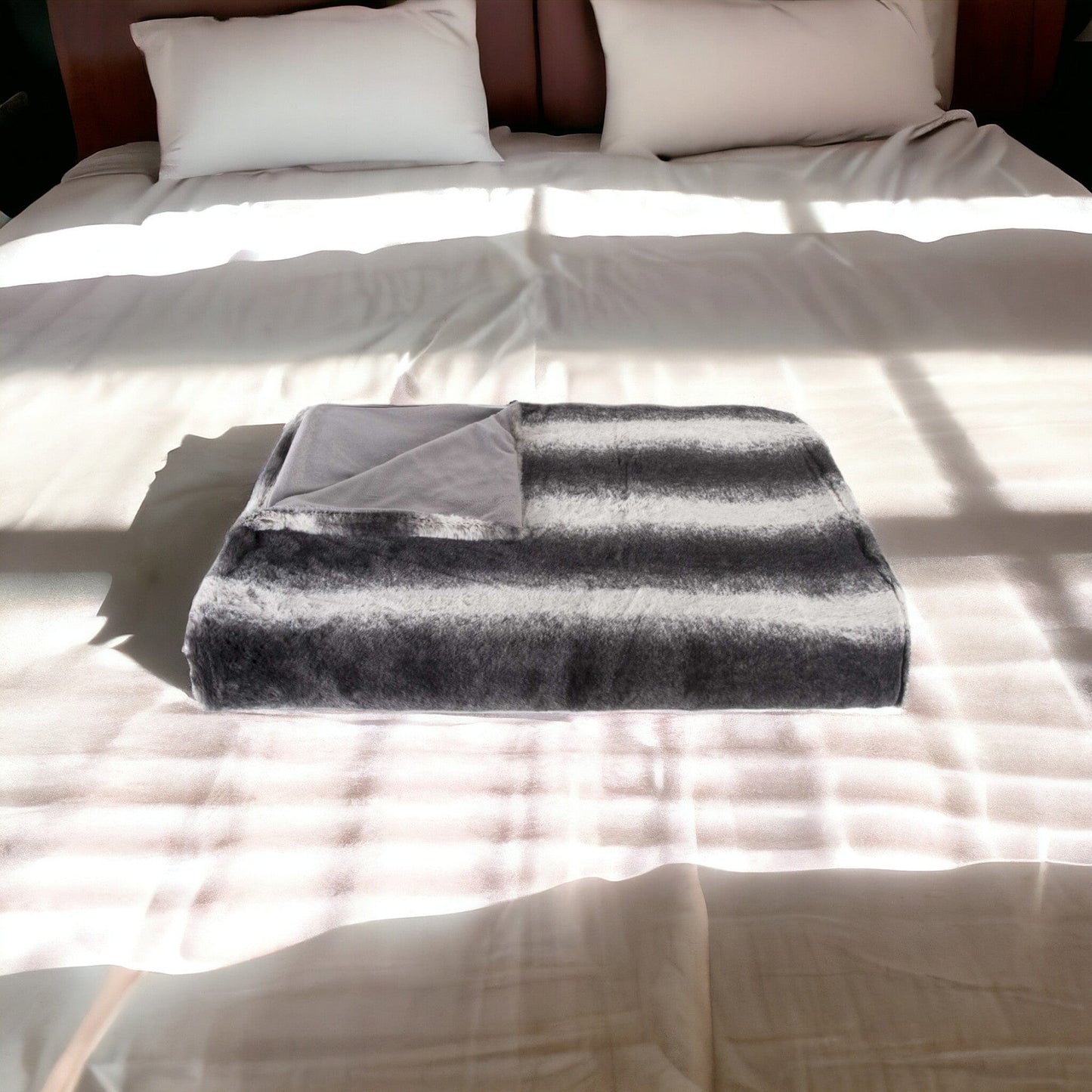 50" X 70" Gray and White Faux Fur Striped Plush Throw Blanket - Homeroots - Flyclothing LLC