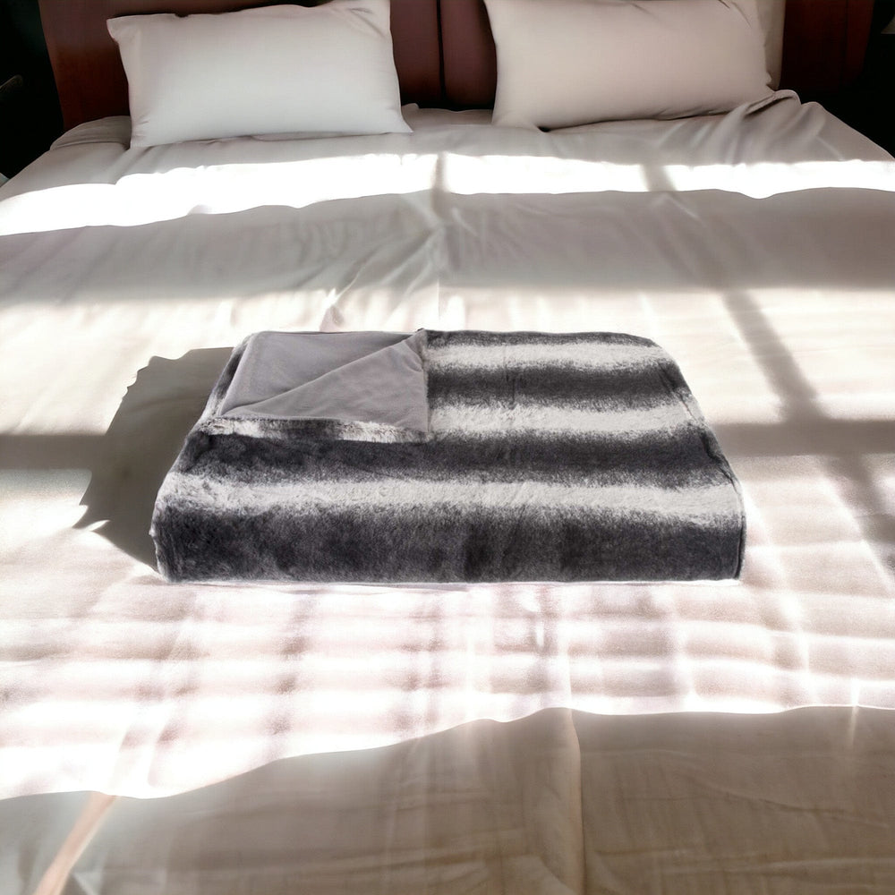 50" X 70" Gray and White Faux Fur Striped Plush Throw Blanket - Homeroots
