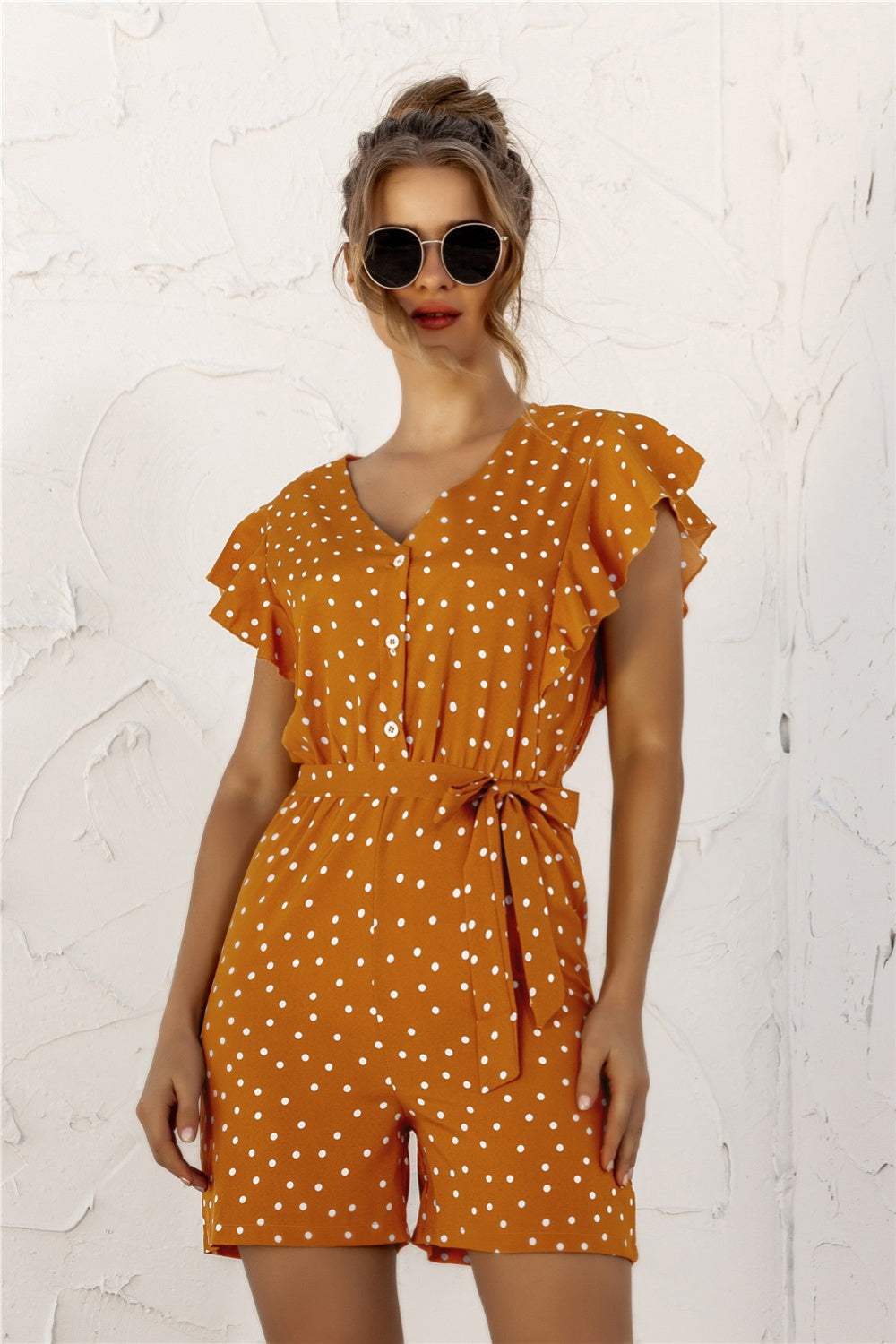 Ruffled Polka Dot Half Button Romper - Trendsi - Flyclothing LLC