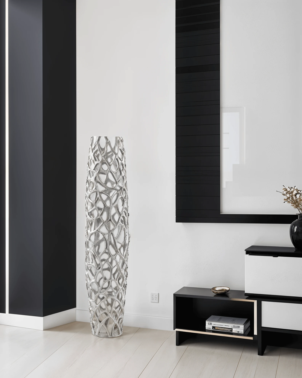 40" Aluminum Silver Twigs Cylinder Floor Vase - Homeroots
