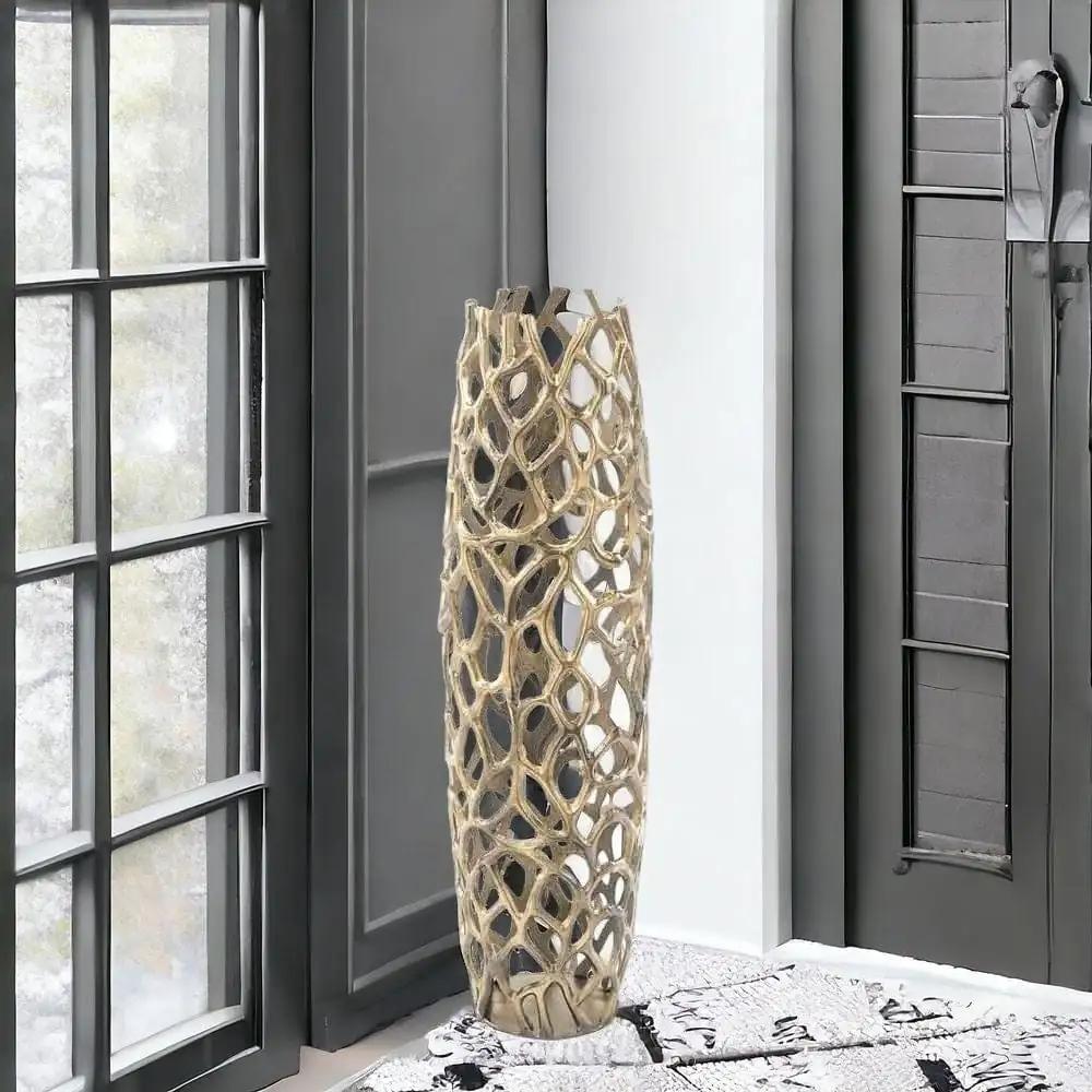 32" Aluminum Gold Twigs Cylinder Floor Vase - Homeroots