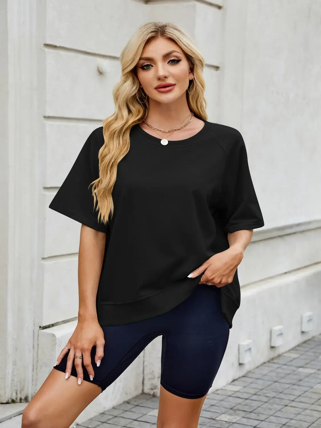 Round Neck Short Sleeve T-Shirt - Trendsi - Flyclothing LLC