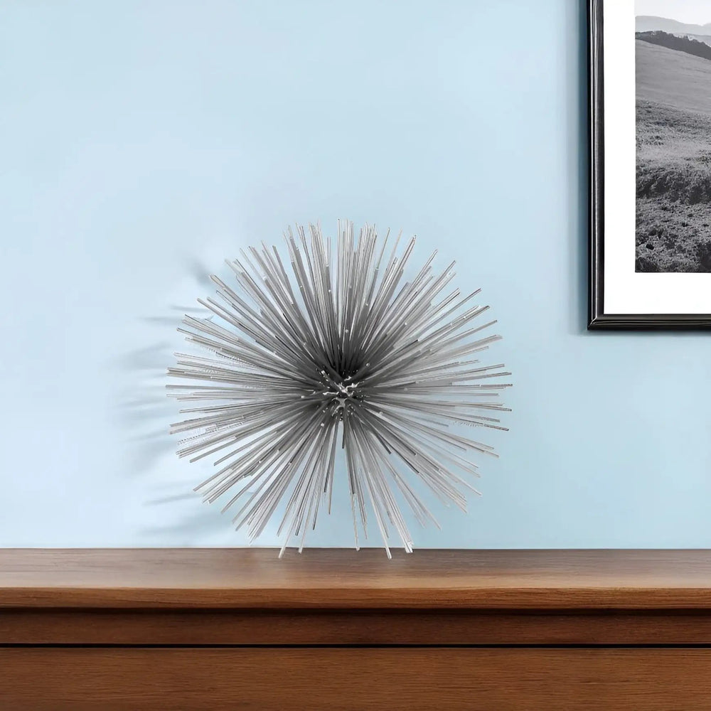 10" Silver Metal Spiky Sphere Tabletop Sculpture - Homeroots