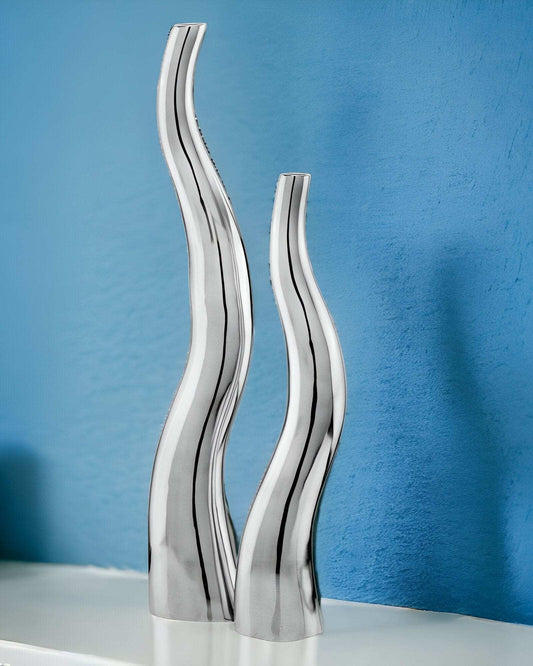 Set of Two Silver Aluminum Squiggly Table Vases - Homeroots - Flyclothing LLC