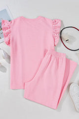 Textured Pearled Ruffled Sleeve Top and Wide Leg Pants Set - Trendsi - Flyclothing LLC