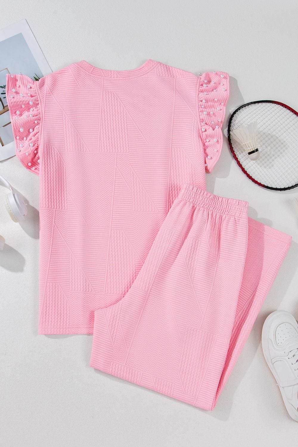 Textured Pearled Ruffled Sleeve Top and Wide Leg Pants Set - Trendsi - Flyclothing LLC