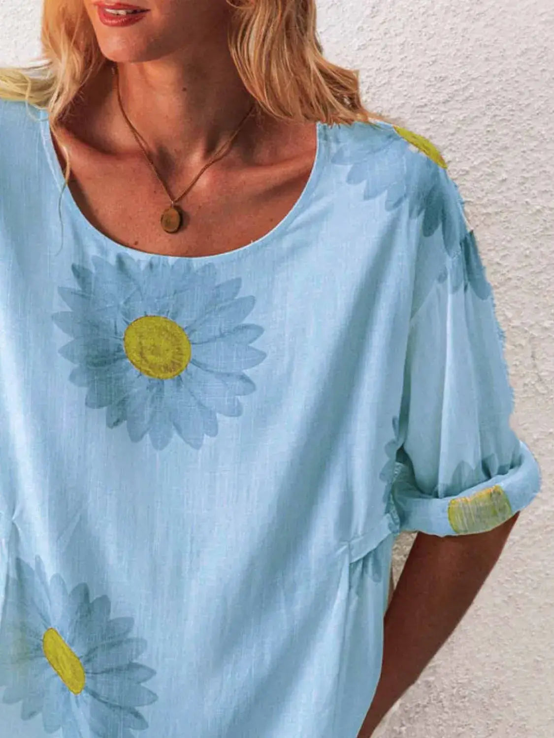 Full Size Flower Round Neck Half Sleeve T-Shirt Plus Size - Trendsi - Flyclothing LLC