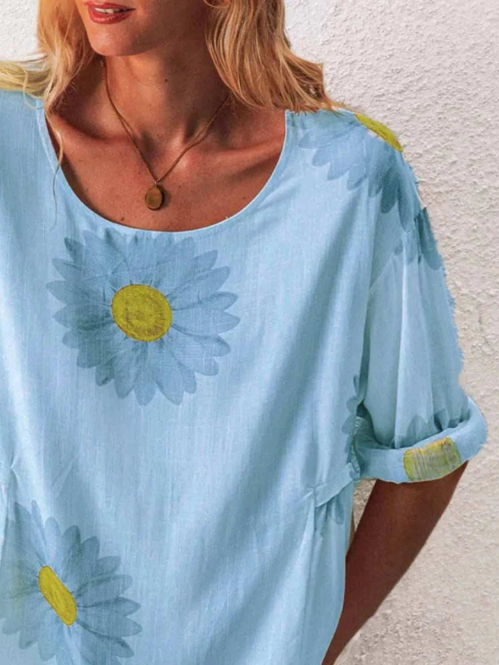Full Size Flower Round Neck Half Sleeve T-Shirt Plus Size - Trendsi - Flyclothing LLC