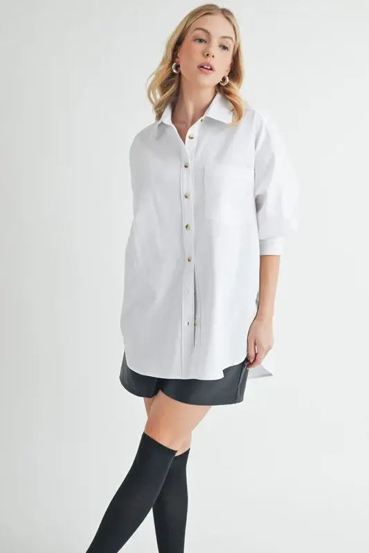 Aemi + Co High-Low Collared Neck Drop Shoulder Shirt - Trendsi - Flyclothing LLC