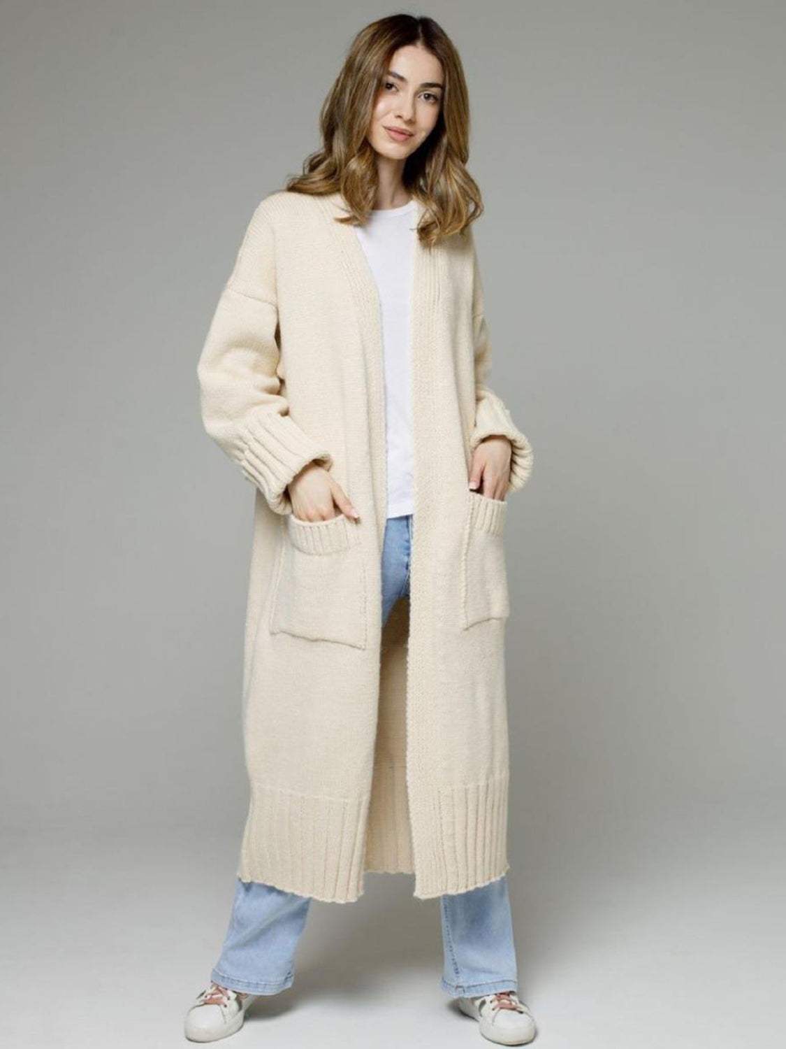 Pocketed Open Front Dropped Shoulder Cardigan - Trendsi - Flyclothing LLC