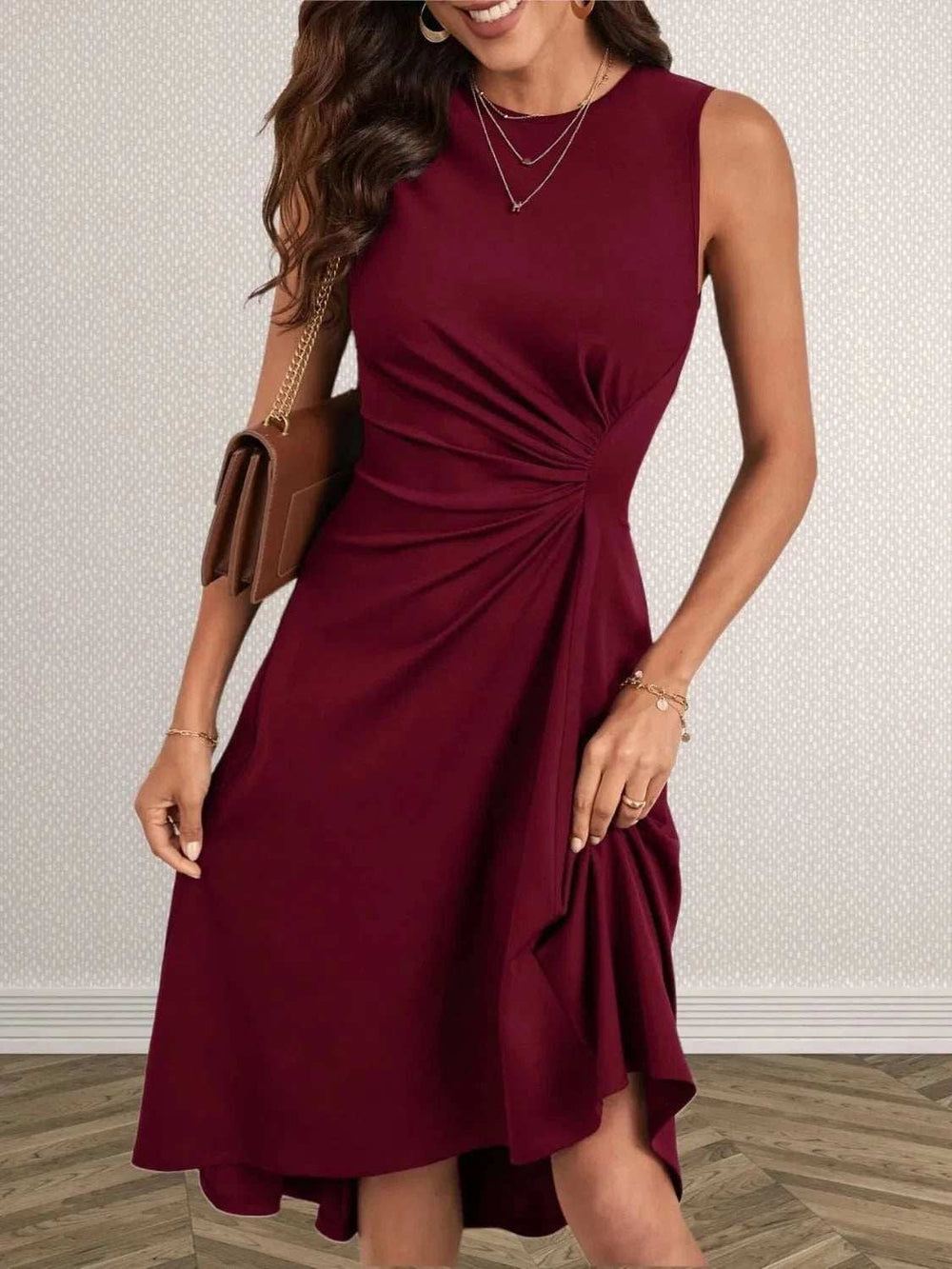 Ruched Round Neck Sleeveless Dress - Trendsi - Flyclothing LLC