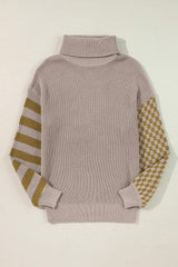 Striped & Checkered Turtleneck Dropped Shoulder Sweater - Trendsi - Flyclothing LLC