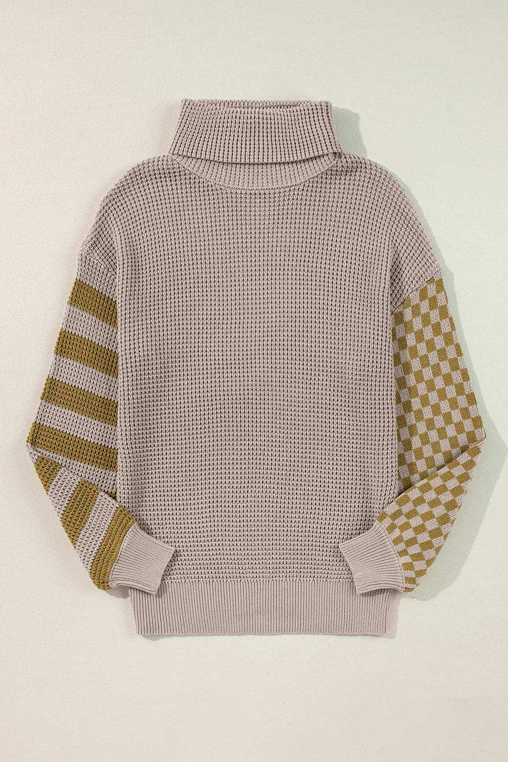 Striped & Checkered Turtleneck Dropped Shoulder Sweater - Trendsi - Flyclothing LLC