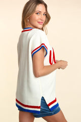Haptics Letter Embroidery Slit Knit Top - Trendsi