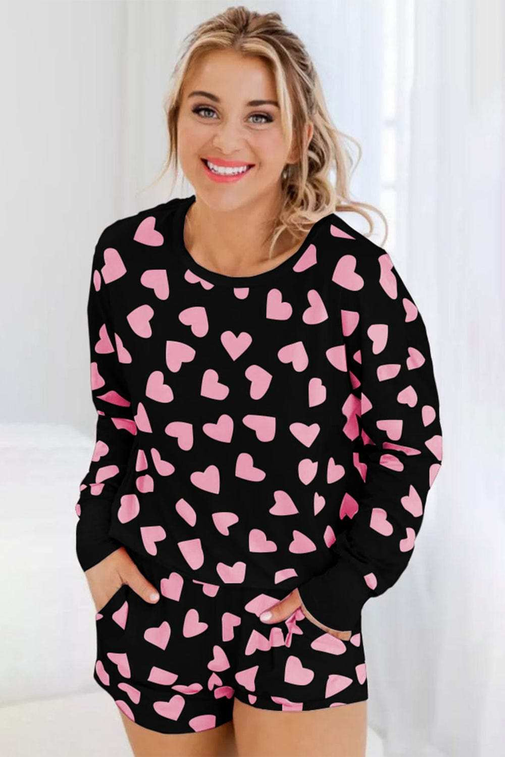 Heart Print Long Sleeve Top and Shorts Lounge Set - Trendsi - Flyclothing LLC