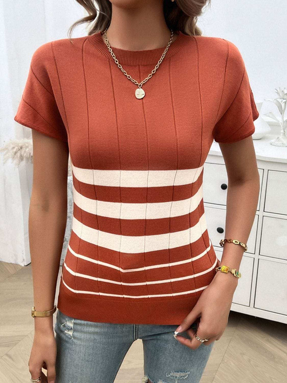 Striped Round Neck Short Sleeve Knit Top - Trendsi - Flyclothing LLC