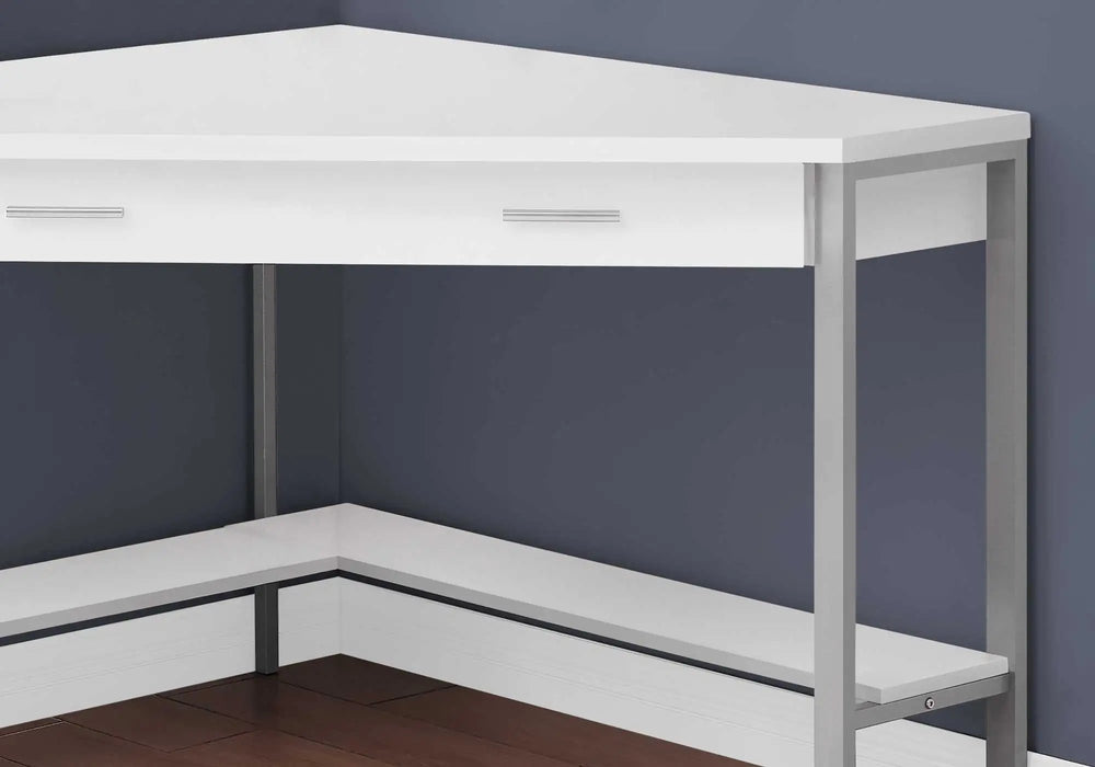42" White and Silver Corner Computer Desk With Two Drawers - Homeroots - Flyclothing LLC