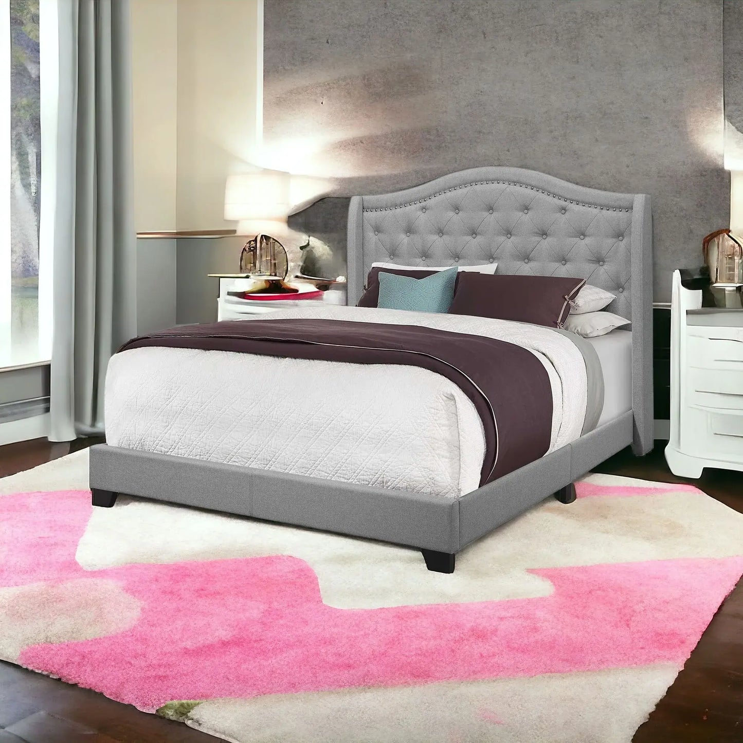 Solid Wood Queen Tufted Gray Upholstered Linen Bed With Nailhead Trim - Homeroots - Flyclothing LLC