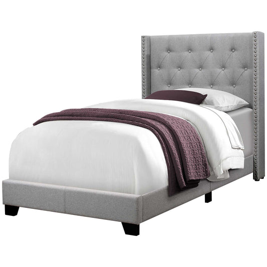 Gray Solid Wood Twin Tufted Upholstered Linen Bed Frame with Nailhead Trim - Homeroots