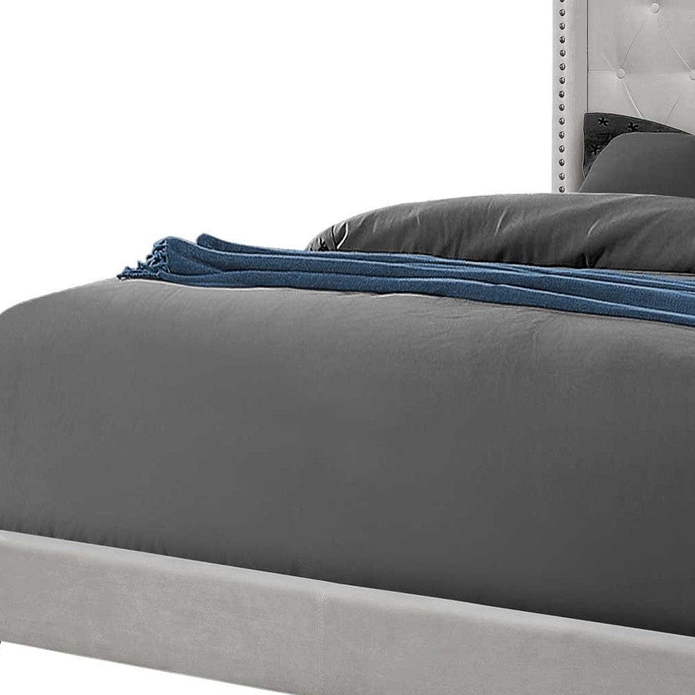 Solid Wood Queen Tufted Gray And Light Gray Upholstered Velvet Bed With Nailhead Trim - Homeroots