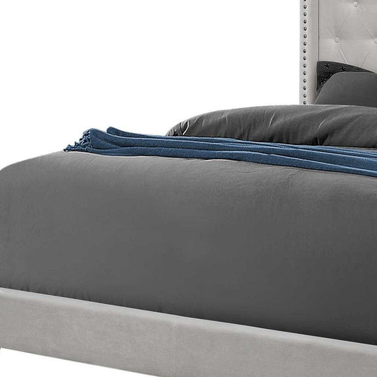 Solid Wood Queen Tufted Gray And Light Gray Upholstered Velvet Bed With Nailhead Trim - Homeroots