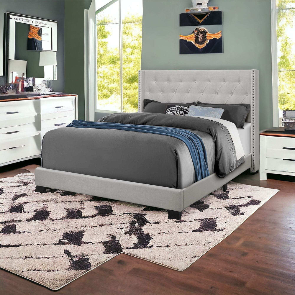 Solid Wood Queen Tufted Gray And Light Gray Upholstered Velvet Bed With Nailhead Trim - Homeroots - Flyclothing LLC