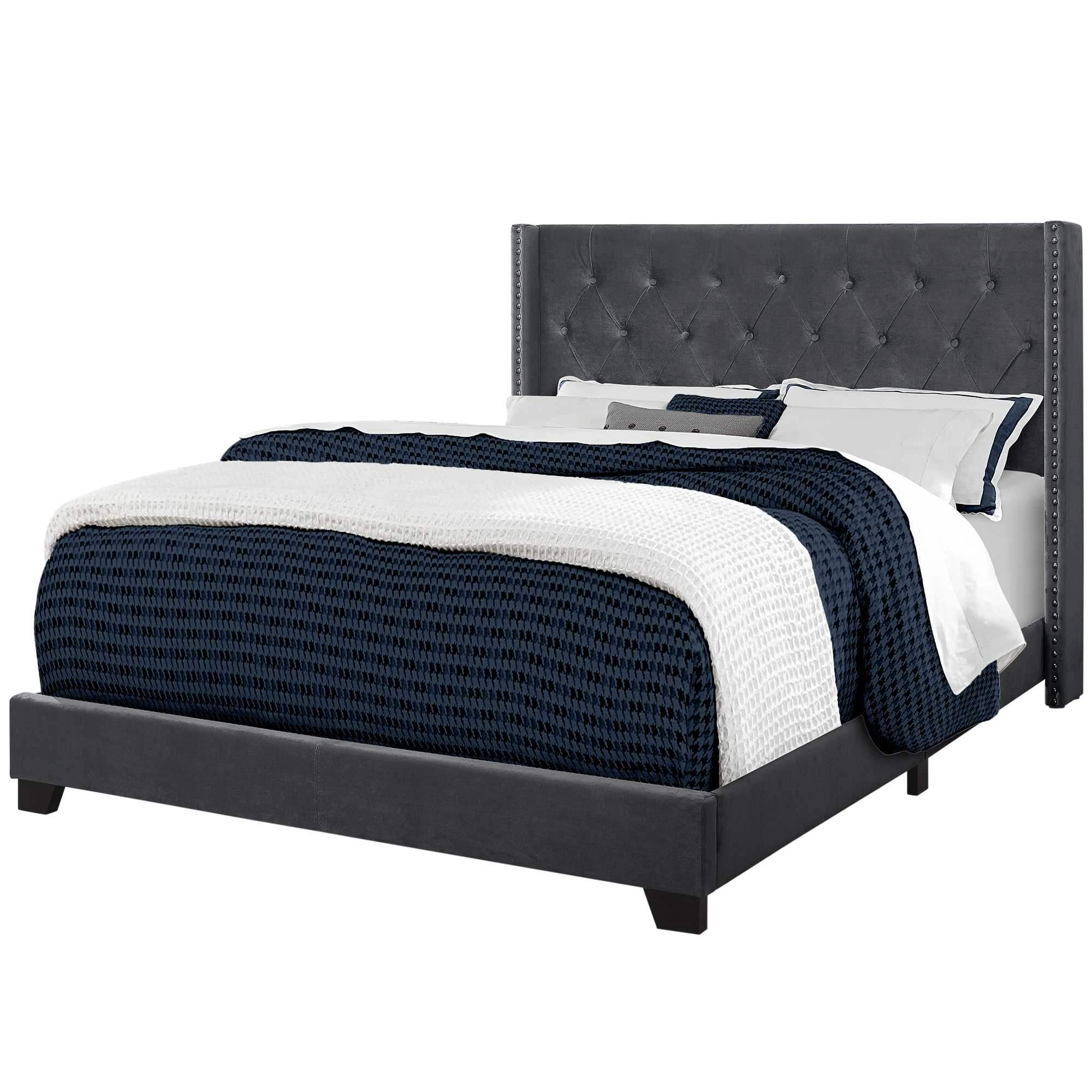 Solid Wood Queen Tufted Gray Upholstered Velvet Bed With Nailhead Trim - Homeroots - Flyclothing LLC